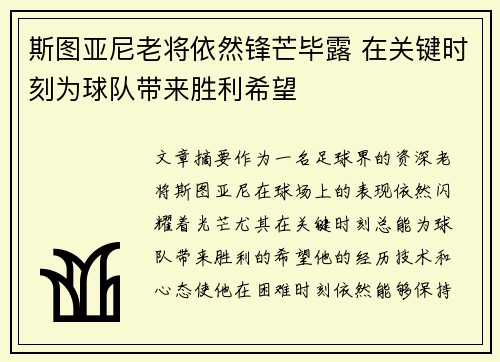 斯图亚尼老将依然锋芒毕露 在关键时刻为球队带来胜利希望 斯图亚尼老将依然锋芒毕露 在关键时刻为球队带来胜利希望