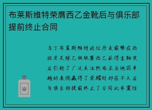 布莱斯维特荣膺西乙金靴后与俱乐部提前终止合同