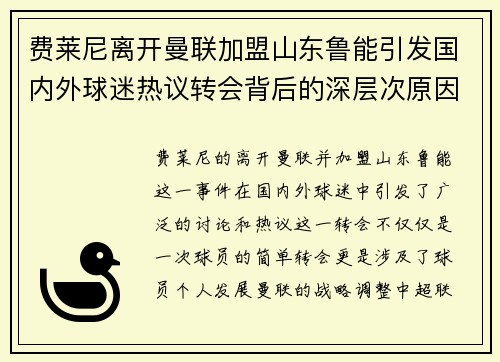 费莱尼离开曼联加盟山东鲁能引发国内外球迷热议转会背后的深层次原因